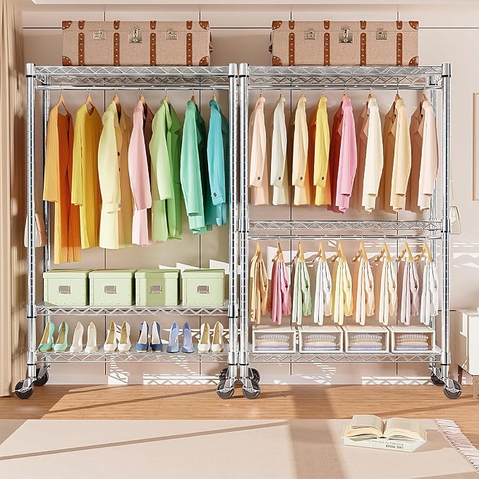 M MZG Heavy Duty Rolling Garment Rack 3 Tiers Adjustable Wire Shelving Clothes Rack with 2 Rods and Side Hooks, Storage Closet Clothing Rack with Wheels Chrome 17.7" D x 47.2" W x 83.6" H