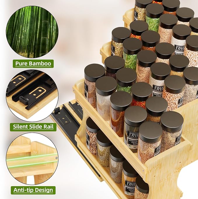 BAMEOS Pull Out Spice Rack Organizer for Cabinet, Bamboo Wide 13.9" Slide Out Seasoning Organizer for Kitchen, No Drill Anti-Tip Ball Bearing Silent Glides, Pantry Cabinet Organizer,Natural