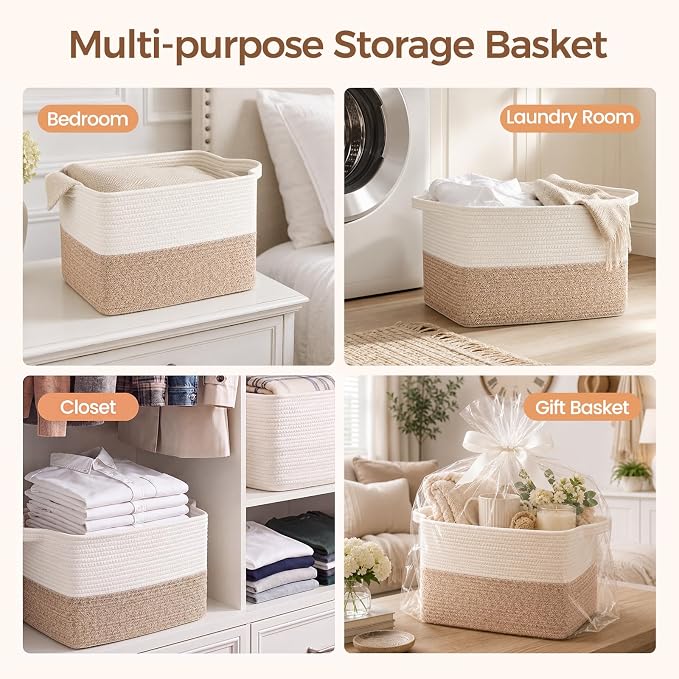 OIAHOMY Cotton Rope Storage Basket, Rectangular Woven Bin with Handles, Small Shelf Bins for Toys Towels Clothes, 13.4x11x9.5 Inches, White and Brown