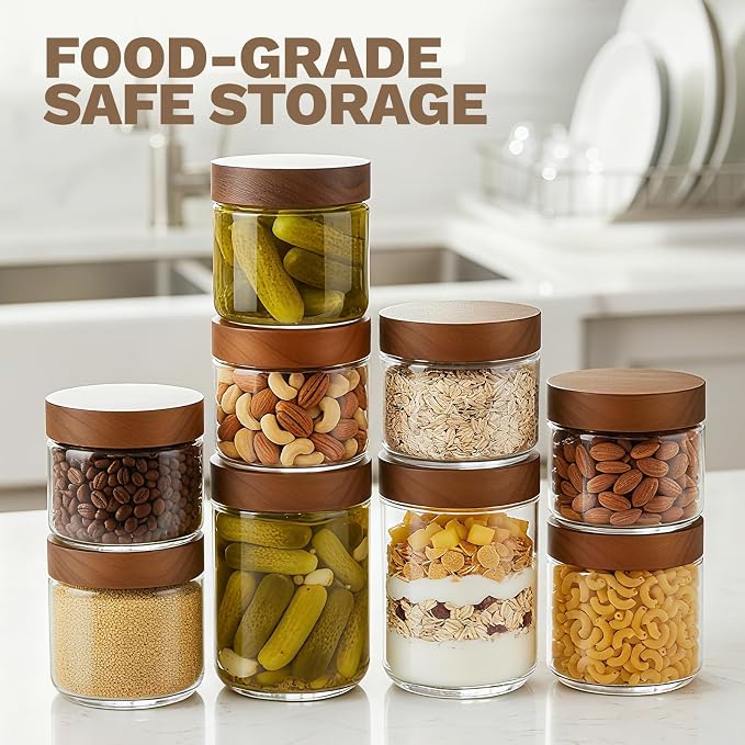 Bumobum 16 oz Overnight Oats Containers with Lids, Glass Mason Jars with Acacia Wood Airtight Lid, Wide Mouth Glass Canisters for Food Storage Chia Pudding Snacks Yogurt Spice Meal Prep, 4-Pack