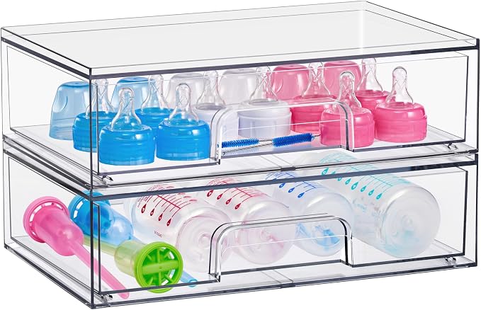 Sorbus Wide Stackable Acrylic Storage Drawers, 2 Pack Clear Plastic Organizer Bins for Baby Bottles, Makeup, Bathroom, Vanity & Countertop Organization, Pull-Out Drawer Design for Cabinets & Pantry