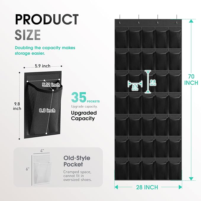 WVM Over the Door Shoe Organizer with 35 Breathable Mesh Pockets, Hanging Shoe Organizer for Door with 4 Metal Hooks, Large Capacity Closet Storage for Shoes, Accessories