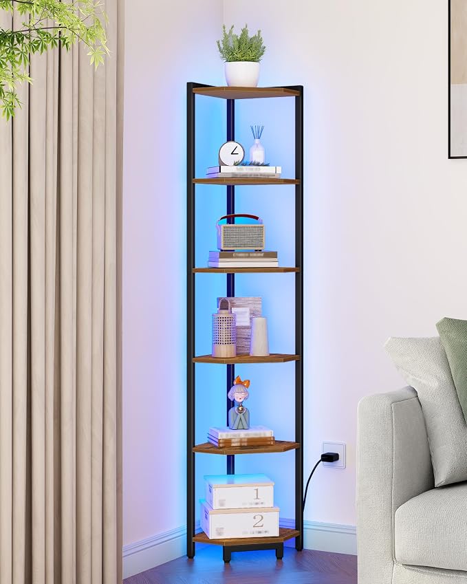 Hzuaneri Corner Shelf with LED Light 6 Tier Corner Bookshelf Standing Shelf | Tall Narrow Display Bookcase with Metal Frame for Small Space, Living Room, Home Office, Bedroom, Rustic Brown CS66601B
