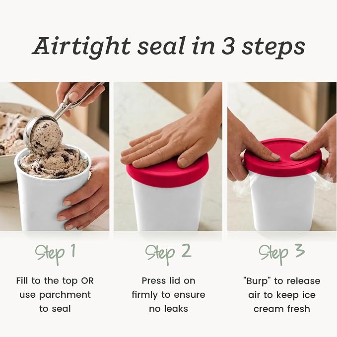 StarPack Freeze The Day Homemade Ice Cream Containers (2-Pack, 1 Quart) - Airtight Silicone Lids, BPA-Free Reusable Freezer Tubs with Dry Erase Pen and Labels - Stackable, Red and White
