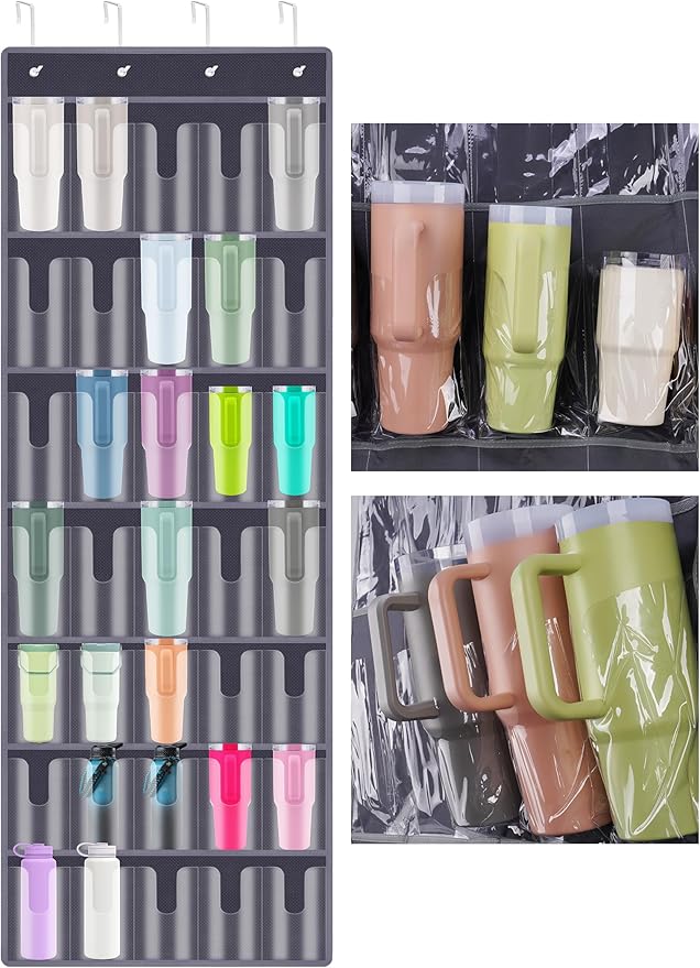 NiHome 35-Pocket Door Hanging Cup Organizer Fit for Stanley Tumbler 30 40oz | Large Capacity Over the Door Water Bottle Storage with Nano Tape, Waterproof Oxford Fabric, U-Shaped Handle Slots (Dark Gray)