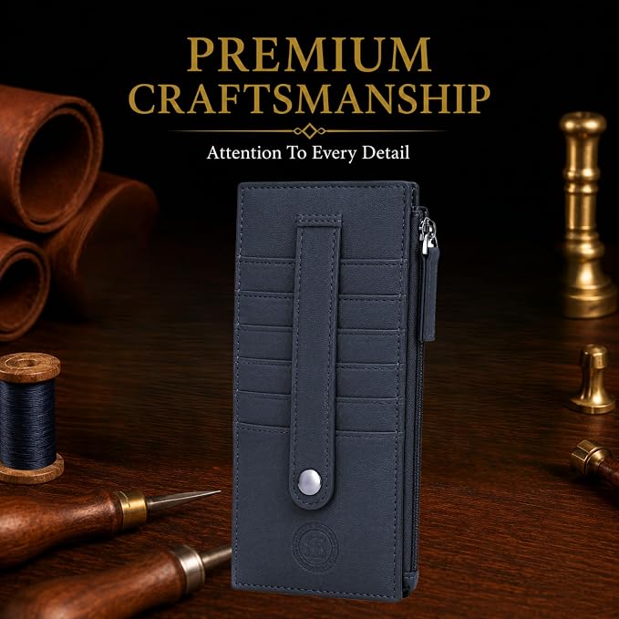 Leatherboss Leather All in One Card Case Holder Slim Wallet With Card Protection Strap, Blue
