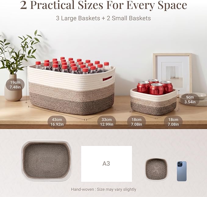 5-Pack Large Woven Rope Storage Baskets, 2 Sizes Organizer Bins | Fabric Cube Boxes and Rectangular Shallow Bins for Closet, Shelf, Bookshelf, Nursery, Changing Table, Bathroom, Toys & Home