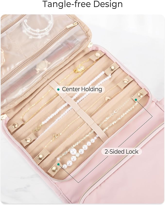 Marscamd Travel Jewelry Case Organizer, Foldable Jewelry Bag, Pink | with Zipper Jewelry Bag for Earrings, Rings, Necklaces, Bracelets, Brooches