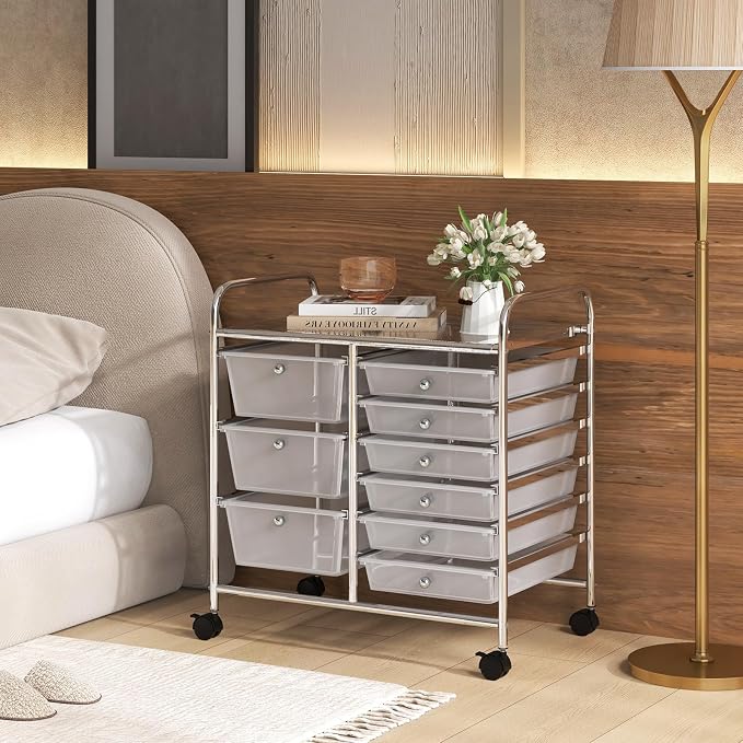 RELAX4LIFE 9 Drawer Rolling Storage Cart - Mobile Drawer Carts for Craft Art Supply Paper Salon, Utility Cart on Wheels for Classroom Teacher School Office, Rolling Cart with Drawers (Clear)
