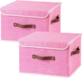 2PCS Collapsible Storage Boxes Baskets with Lid Cotton Linen Fabric Storage Bins with Faux Leather Handles Washable Cube Organizer Container for Home Closet Bedroom (Pink, Large Size)
