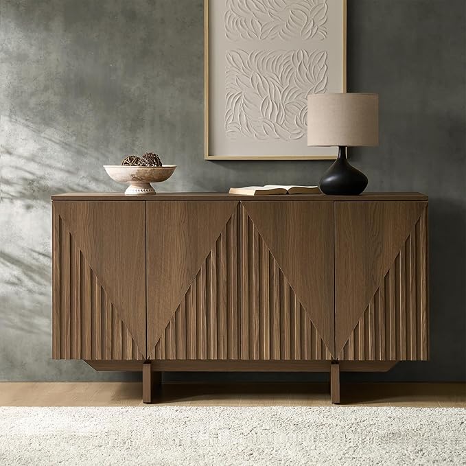HULALA HOME Mid Century Modern Solid Wood Sideboard with Triangle, 4 Door Fluted Buffet Cabinet with Storage, 58" Sideboard Cabinet with Adjustable Shelves, Walnut