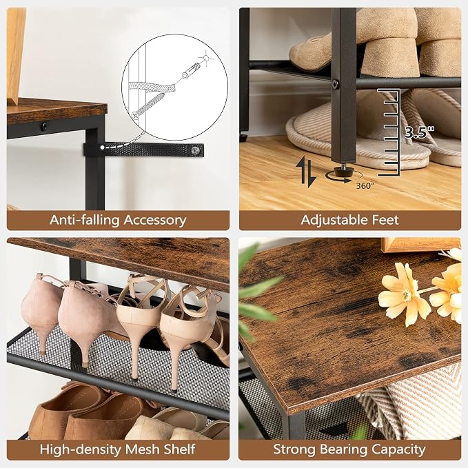 MAHANCRIS 8 Tier Shoe Rack Organizer for Closet, Holds 28-32 Pairs, Tall Metal Shoe Storage Shelf for Entryway Bedroom, Sturdy Freestanding Shoe Rack Space Saving, Large Capacity, Rustic Brown