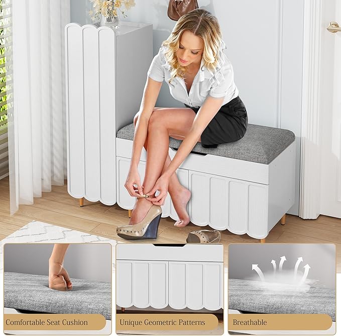 3More Shoe Organizer Cabinet,Entryway Bench with Adjustable Shelves and Cushioned Seat,Unique L-Shaped Bench Cabinet for Entryway, Hallway, Living Room