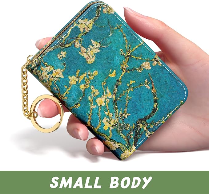 Aiawoxc Credit Card Holder, Small RFID Wallet Slim Leather Card Organizer Case with Zipper and Keychain, Almond Tree