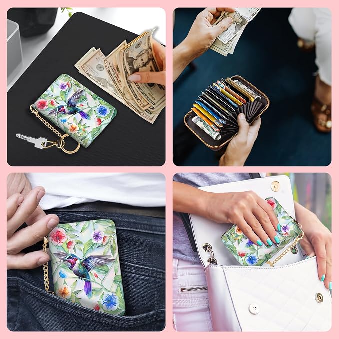Blusabaca RFID Credit Card Holder Small Women Travel Wallet, Bird | Removable Keychain, Case with Zipper, Vegan PU Leather, Cash Coin Pocket, Business Accordion Purse, Ladies Female Gift