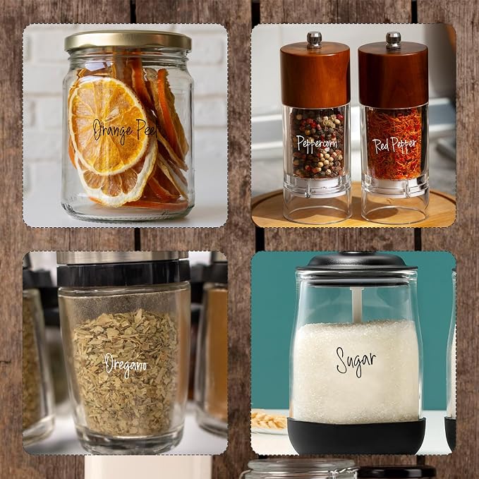 268 Clear Seasoning Jar Labels, Preprinted Kitchen Pantry Organization Labels for Spice Herbs Food Containers Jar Bottle Rack Waterproof Black White Script Sticker Set (4 Black+4 White)