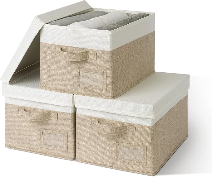 GRANNY SAYS Storage Basket with Lid, Linen Fabric Storage Bins with Label, Decorative Storage Boxes, Clothes Storage and Organization, Memory Keepsake Box, 3-Pack, Medium, Khaki&Ivory