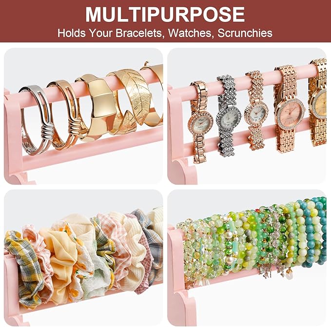 Emfogo Bracelet Holder, 4 Tier Bracelet Organizer Storage for Bracelets Bangles Watch Scrunchies, Rustic Wood Jewelry Organizer Display for Home, Vendors, Craft Shows and Store(Pink)