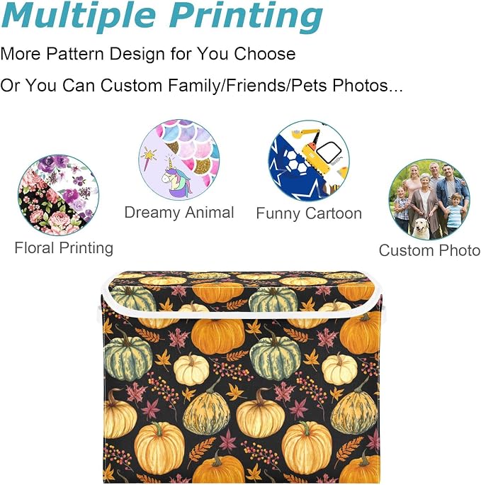 CaTaKu Pumpkins Fall Leaves Storage Bins with Lids and Handles, Fabric Large Storage Container Cube Basket with Lid Decorative Storage Boxes for Organizing Clothes
