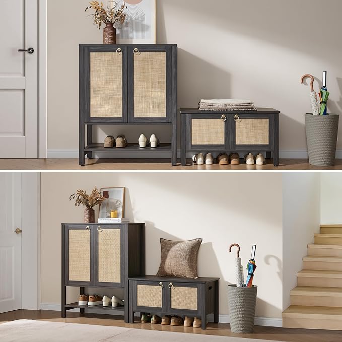 SICOTAS Rattan Shoe Storage Cabinet, 5 Tier Shoe Organizer with Doors and Shelves, 24 Pair Capacity Tall Farmhouse Boho Shoe Rack for Entryway Hallway Living Room Closet, Obsidian