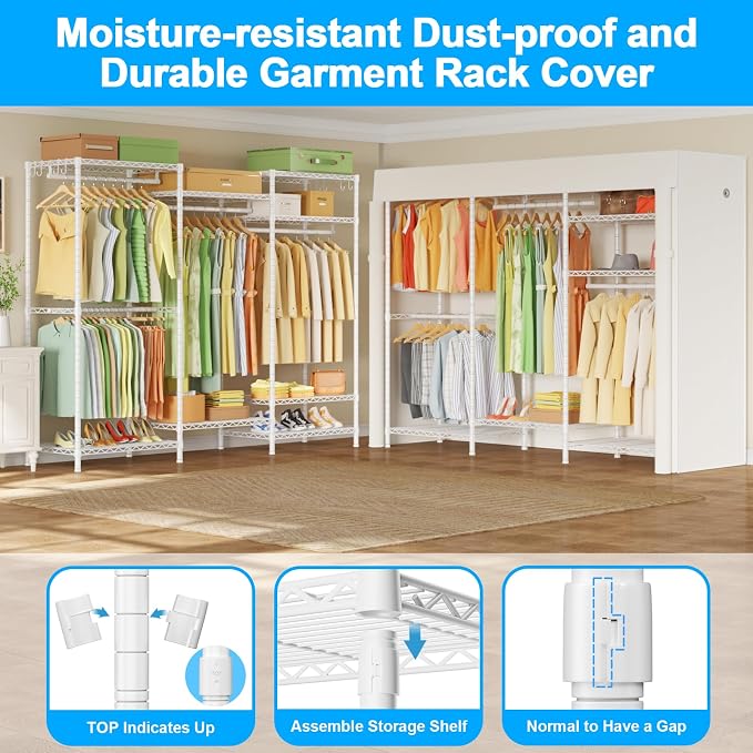 Ulif E13C Heavy Duty Closet Organizer System，Freestanding Clothing Racks for Hanging Clothes，Adjustable Garment Rack 63" W x 16" D x 77" H Hold 960 lbs，White Clothing Rack with White Dustproof Cover