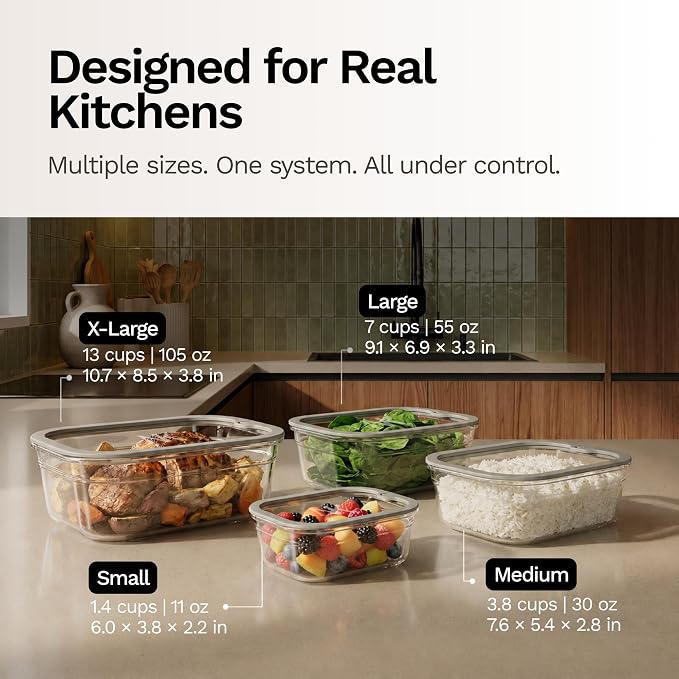 Naked Kitchen 8-Piece Food Storage Containers with Lids – Nesting Borosilicate Glass Meal Prep Containers with Leak-Proof Airtight Seal – BPA Free, Microwave, Oven, Freezer & Dishwasher Safe – Cream
