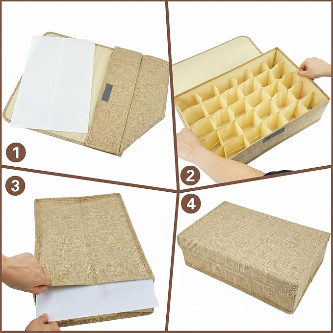 PINGMIC Beige Sock Organizer Divider 2 Pack with Lid - 30 Cell Foldable Closet Storage, Tie Organizer For Men Boxes for Socks, Ties, Belts