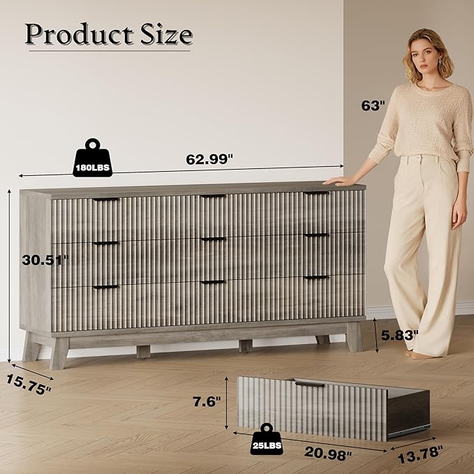 BORNOON 63" Long Dresser for Bedroom, 9-Drawer Fluted Dresser, Extra-Wide Wood Chest of Drawers with Smooth Metal Slides, Stable Base, Modern Clothes Storage Cabinet for Living Room, Hallway, Nursery