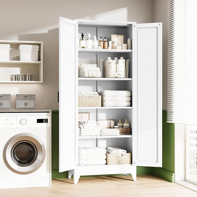 Letaya 75" H Metal Storage Cabinet with 2 Doors and 4 Shelves,Tall Kitchen Pantry Cabinets,Farmhouse Utility Pantry Organizers for Cupboard/Dining/Bathroom/Home Office/Garage,White
