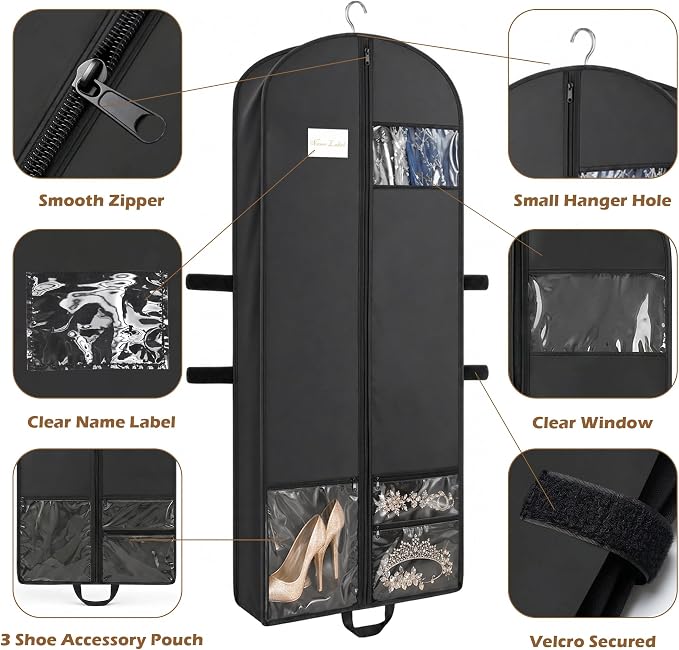 65" Long Garment Bags, 2 Pack Waterproof Travel Dress Bags for Hanging Clothes, Wedding Dress Cover Clothes Protector for Closet Storage, Suitable for Gowns, Tuxedos, Coats, Black