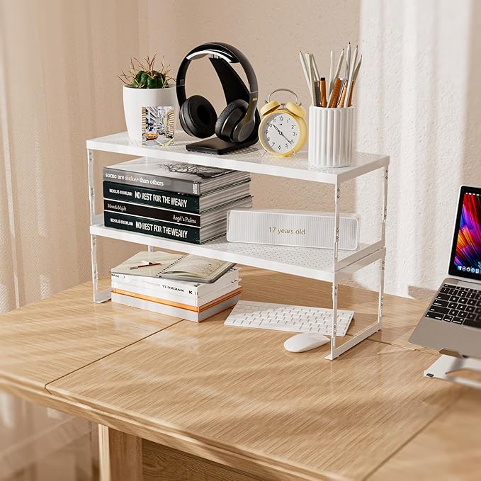 Stackable Expandable Metal Shelf Organizer - Adjustable Wire Storage Rack with Holes for Kitchen, Bathroom, Cabinet, Office - Space Saving, Durable & Sturdy Design（1PACK/Medium/White