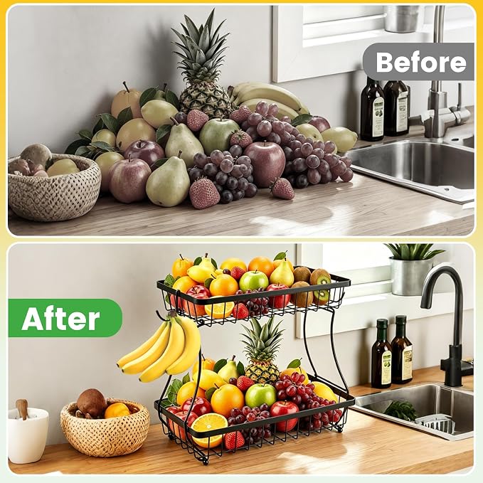2-Tier Fruit Basket for Kitchen Counter with 2 Banana Hangers | Large Metal Fruit Bowl, Versatile Holder for Veggies, Produce Storage, 12.5"×7.5"×12"-Black