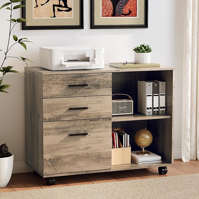 VINGLI 3 Drawer Wood Lateral File Cabinet with Adjustable Shelves & Locking Wheels, Printer Stand with Drawers for Letter Files, Sturdy File Cabinets for Home Office, Study & Business, Rustic Gray