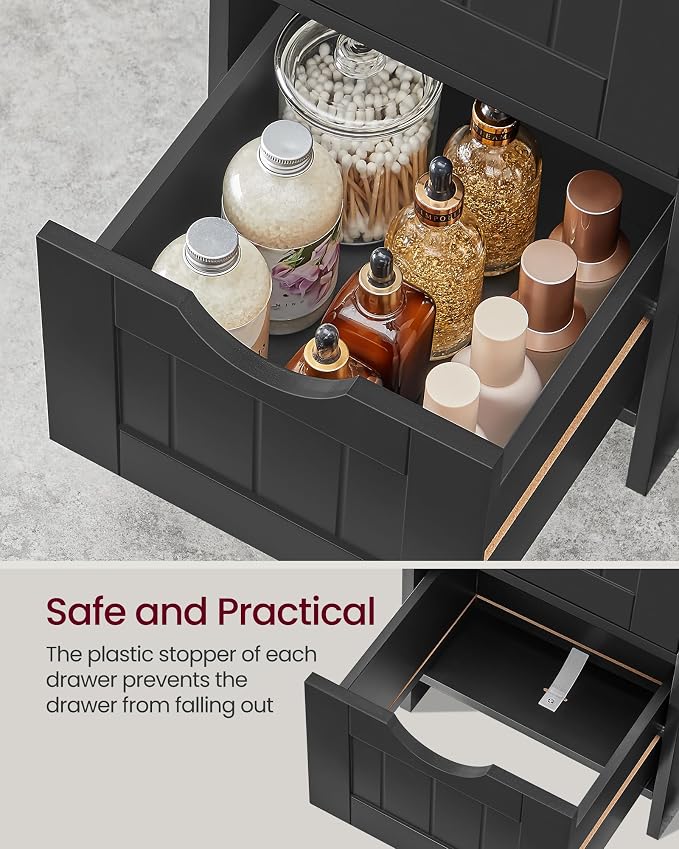 VASAGLE Slim Bathroom Storage Cabinet, MDF Freestanding Floor Organizer with 4 Drawers, Narrow Laundry Room Storage, 11.8 x 11.8 x 32.4 Inch, Black, for Kitchen Pantry, Sofie Collection ULHC040B01