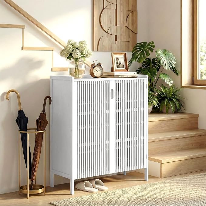Bamboo Shoe Storage Cabinet for Entryway with Doors, Hidden Shoe Organizer | Adjustable Shelves | 5 Tiers for 25 Pairs | Modern Wood Shoe Cabinet for Living Room, Bedroom, Front Door, Hallway & Closet