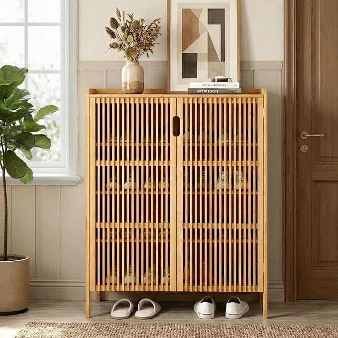 Bamboo Shoe Storage Cabinet for Entryway with Doors, Hidden Shoe Organizer | Adjustable Shelves | 5 Tiers for 25 Pairs | Modern Wood Shoe Cabinet for Living Room, Bedroom, Front Door, Hallway & Closet