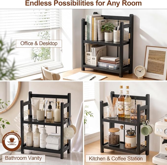 No-Assembly Coffee Bar Organizer, 2-Tier Coffee Station Shelf | Foldable Oak Wood Shelf, Coffee Station Accessories Storage for Syrup & Pods, 3 Hooks for Mugs, Kitchen Spice Rack, Black