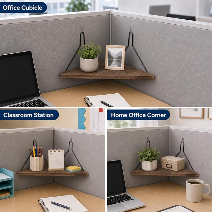 2PCS Fabric Wall Cubicle Corner Shelf with Hooks, Wooden Organizer