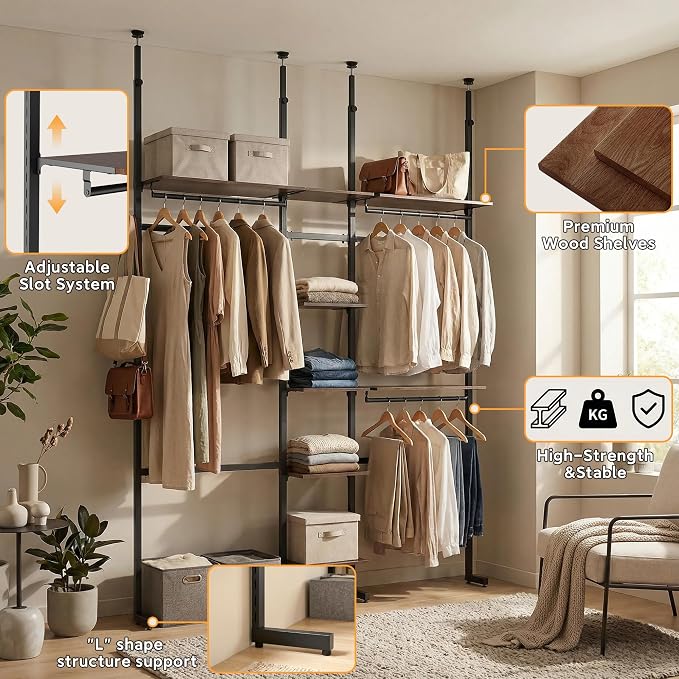 MZG Closet Organizer System, Freestanding Closet System with Wood Shelves & Hanging Rod, Adjustable Floor-to-Ceiling Open Wardrobe for Bedroom, Apartment & Small Closet (16.8"D x 48.4"W x 137.7"H)