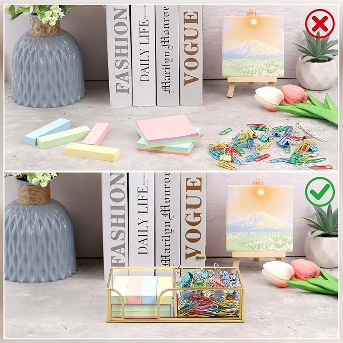 Glass Sticky Note Holder,2 Slots Gold Post It Note Dispenser for Desk,3 x 3 Inch Post It Note Holder, Stylish Sticky Note Dispenser for Home Office Desk Table Drawer