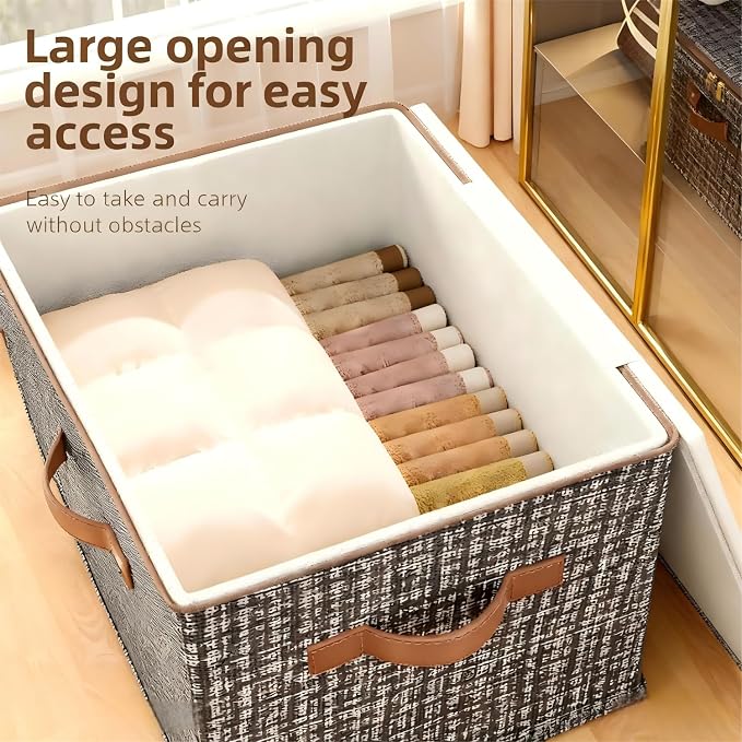 4 Pack 44.3 Quart Fabric Storage Bins with Lid, 17.7x13.8x10.2 in Stackable Closet Organizer Baskets, Foldable Polyester Cube Storage with Handles, Decorative Organizer Boxes for Shelves, Grey