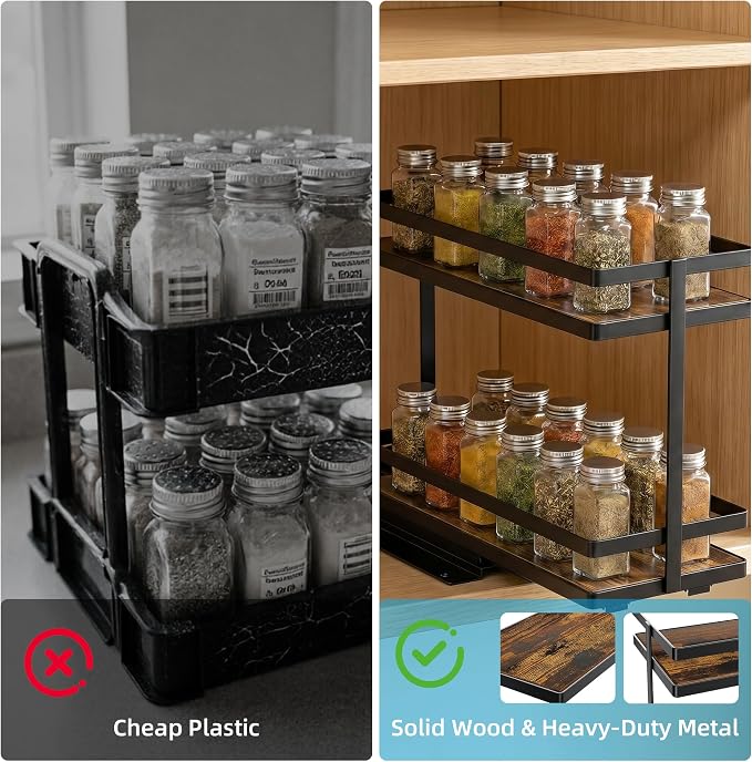 Pull Out Spice Rack 4Pcs Metal & Wood Seasoning Organizer Black | No-Drill Install | Full-Extension Silent Glide | Each Tier Holds 10–12 Standard Spice Bottles | Rustproof, Wipe-Clean Surface