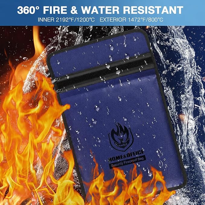 Upgraded Two Pockets Fireproof Document Bag (2000℉), andyer 15”x 11”Waterproof Fireproof Money Bag with Zipper, Fire Safe Waterproof Holder Pouch for Valuables, Legal Documents (Blue)