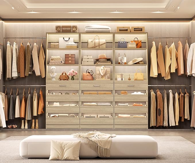 Aheaplus Closet System with 12 Drawers, 8.5-11.5Ft Wood Closet Organizer System with 4 Hanging Rods & 3 Towers, 4Ft & 6Ft L-Shaped Walk-in Closets Wardrobe Organizer Clothes Rack, Set of 3, White Oak