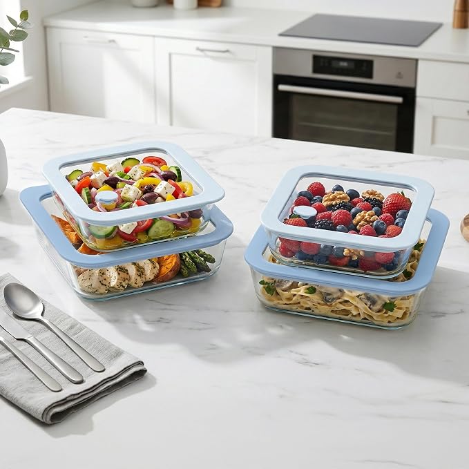 Urban Green Glass Food Container Set with Silicone Glass Lid, Square Shape, 4 Pack, Airtight, LeakProof, 100% Plastic Free, Meal Prep Food Storage Containers, Blue Color