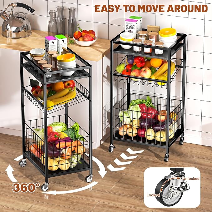 Fruit Vegetable Cart, 3-Tier Snack Cart on Wheels & Wood Top, Black | Vegetable Rack For Kitchen, Kitchen Cart Organizer for Fruit, Vegetables, Potato, Snack