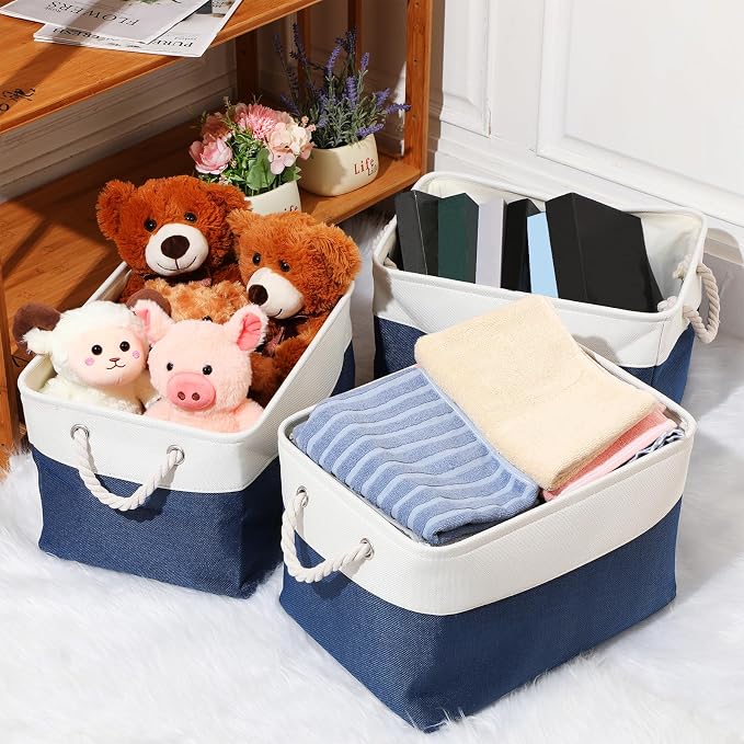 meekoo 8 Pack Collapsible Storage Bins Fabric Storage Bins Polyester Fabric Baskets with Handles Linen Closet Organizer for Shelf Home Closet Towels Toys(15 x 11 x 9.5 in,Blue White)