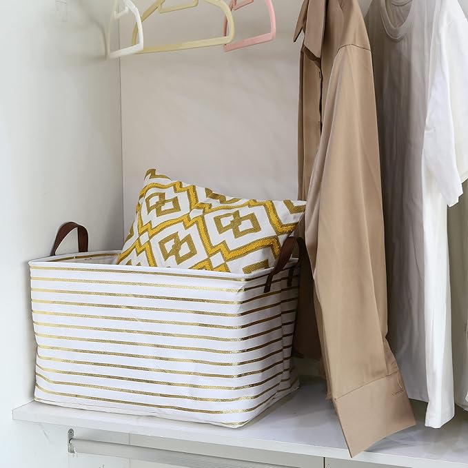 Hinwo 31L Large Storage Bins, 2-Pack Closet Organizers and Storage, Foldable Clothes Storage Baskets with Handles, Containers for Clothing, Blanket, Towels, Toys, Bedding (Gold Stripe)