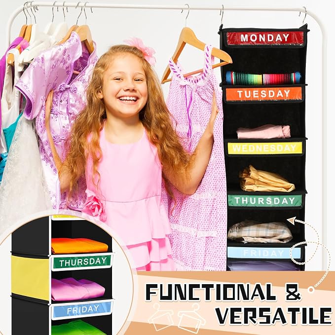 Amylove 2 Pcs 7 Shelf Weekly Clothes Organizer for Kids Hanging Closet Organizer 11. 8 x 11. 8 x 50 Inches Daily Activity Kids Clothes Storage Drawers Cube Drawers Closet Hanging Shelves(Black)
