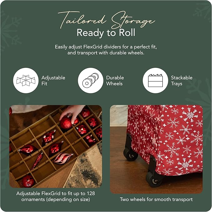 Covermates Keepsakes Rolling Adjustable Ornament Storage Bag – Heavy-Duty Polyester, FlexGrid Trays & Padded Dividers – Protective Holiday Organizer with Wheels, Handles & ID Window, Red Snowflake